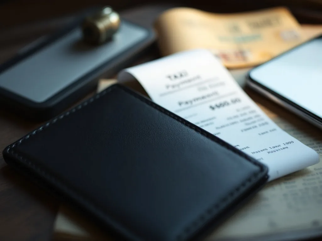 taxi receipt and smartphone payment history on desk with lost black wallet, Korean city commute context, editorial photo no text
