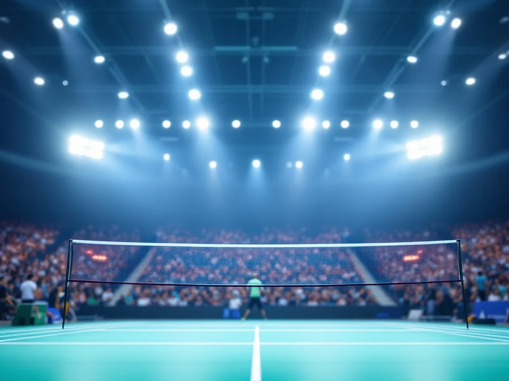 Tokyo indoor sports arena abstract crowd lights and badminton net, no real person