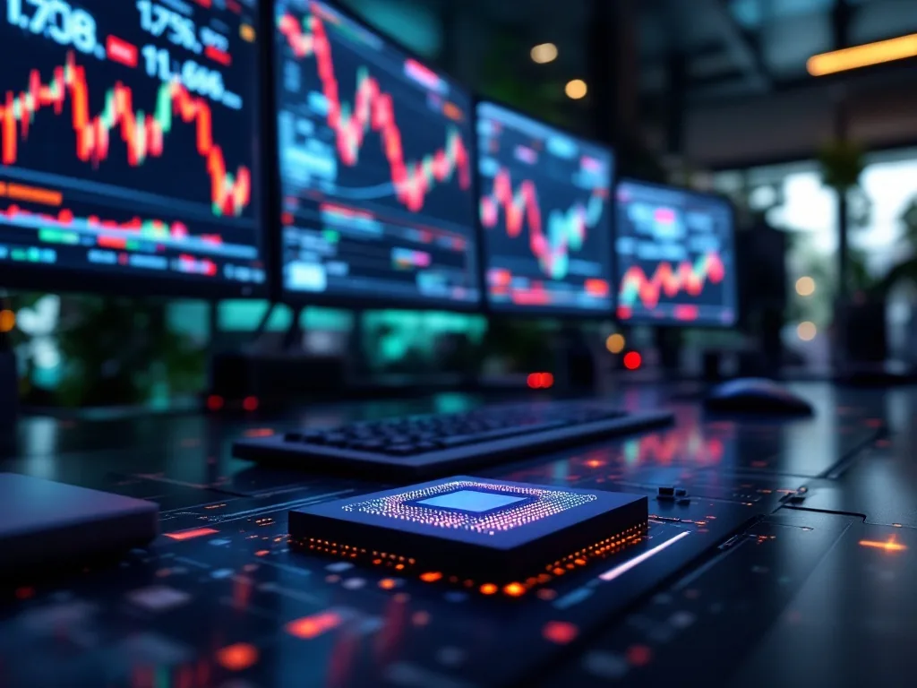 trader desk with multiple screens showing abstract market lines, semiconductor wafer on table, no readable text, no people faces