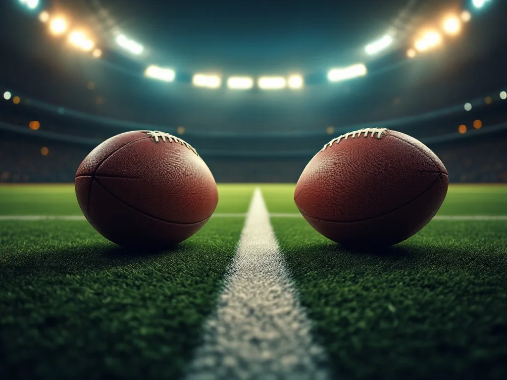 two footballs on opposite sides of the halfway line, dramatic stadium lights, symbolic sports rivalry, no text