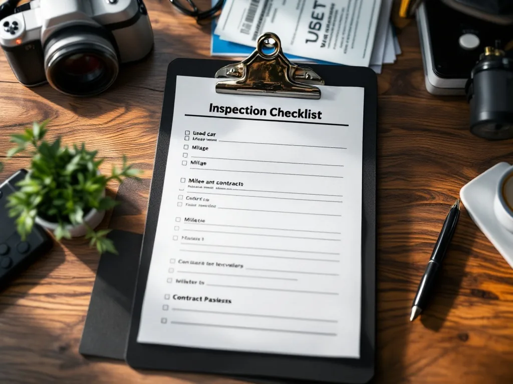 used car inspection checklist with license plate, mileage and contract papers on desk