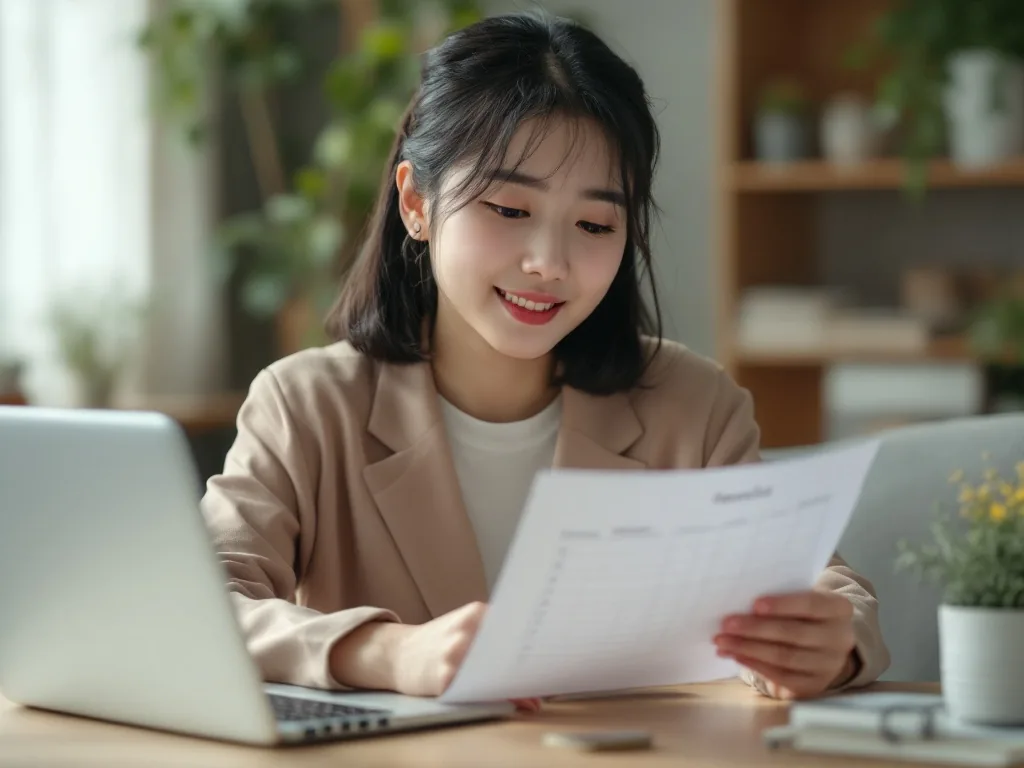 young Korean job seeker checking recruitment calendar and resume checklist on laptop, soft realistic editorial style, no brand logos