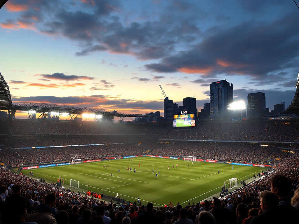 bright BC Place soccer stadium at dusk with Vancouver Whitecaps and LAFC match atmosphere