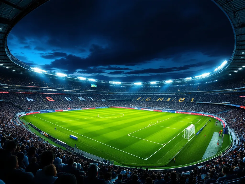 Budapest football stadium at night during preseason friendly, green pitch, press tribune viewpoint, dramatic sports lighting, no readable advertising boards