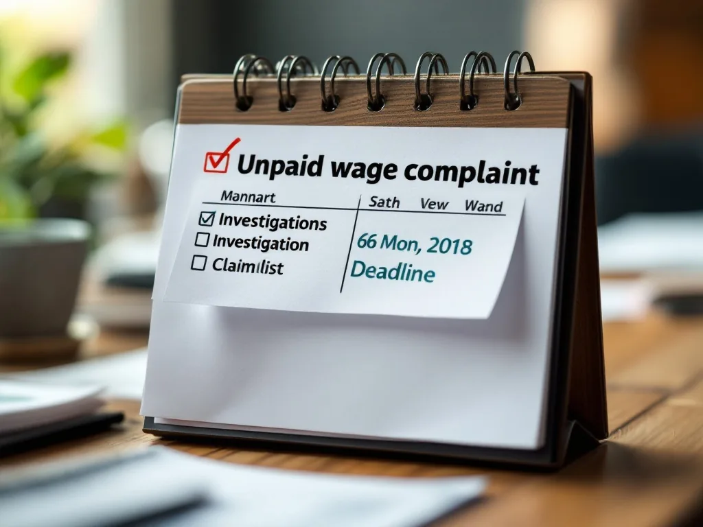 calendar and checklist showing unpaid wage complaint investigation date and six month claim deadline