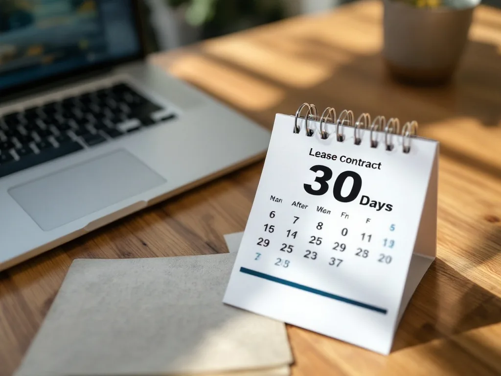 calendar marked 30 days after lease signing with Korean rental contract and laptop, realistic editorial photo no text