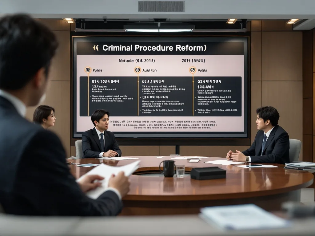 calm television studio panel discussing criminal procedure reform, documents and timeline graphics without readable text, Korean public affairs news mood