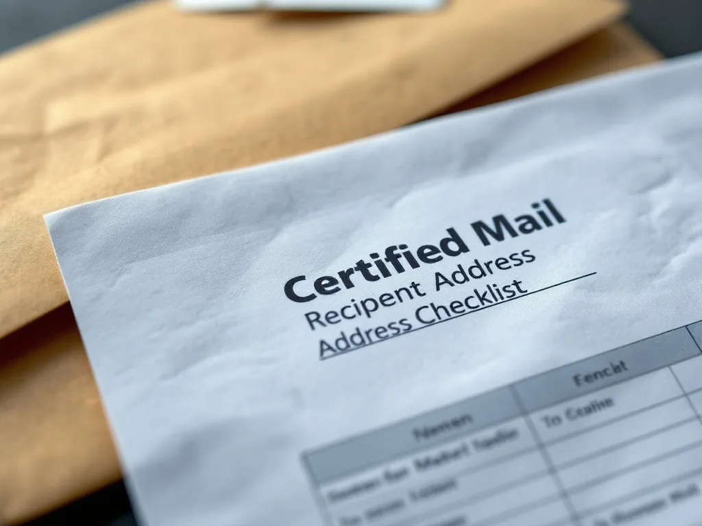 certified mail recipient address checklist with Korean envelope and printed document, realistic editorial photo no text