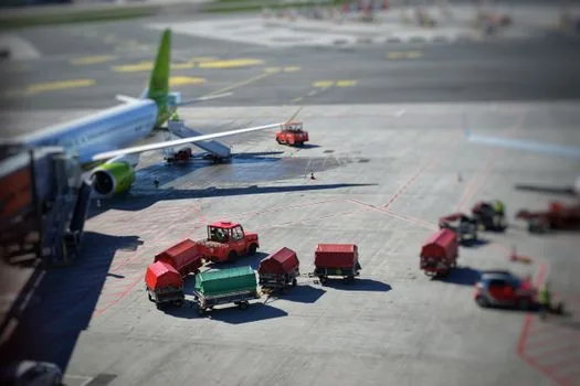 checked baggage cart and airline staff matching luggage tag on airport ramp