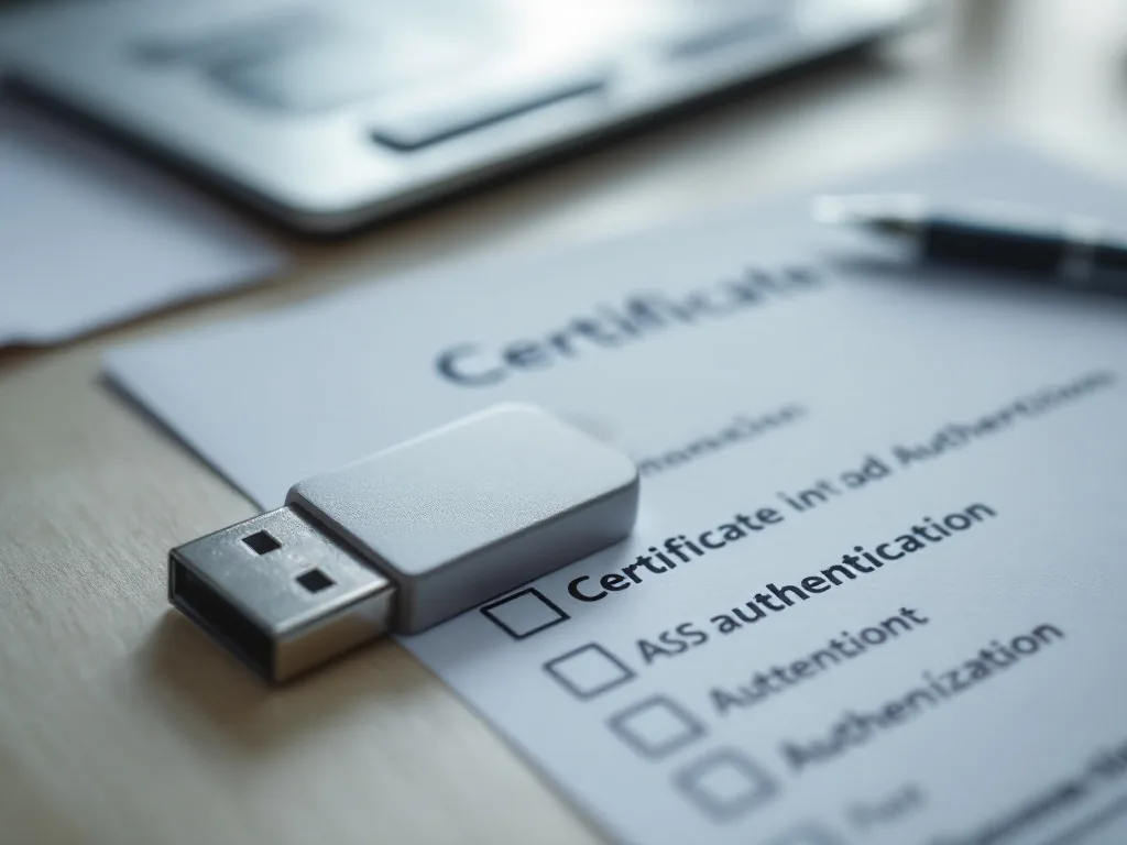 close up of desk with certificate checklist, USB authentication token, envelope and pen, bright neutral documentary style | 공동인증서와 제출서류 확인 이미지