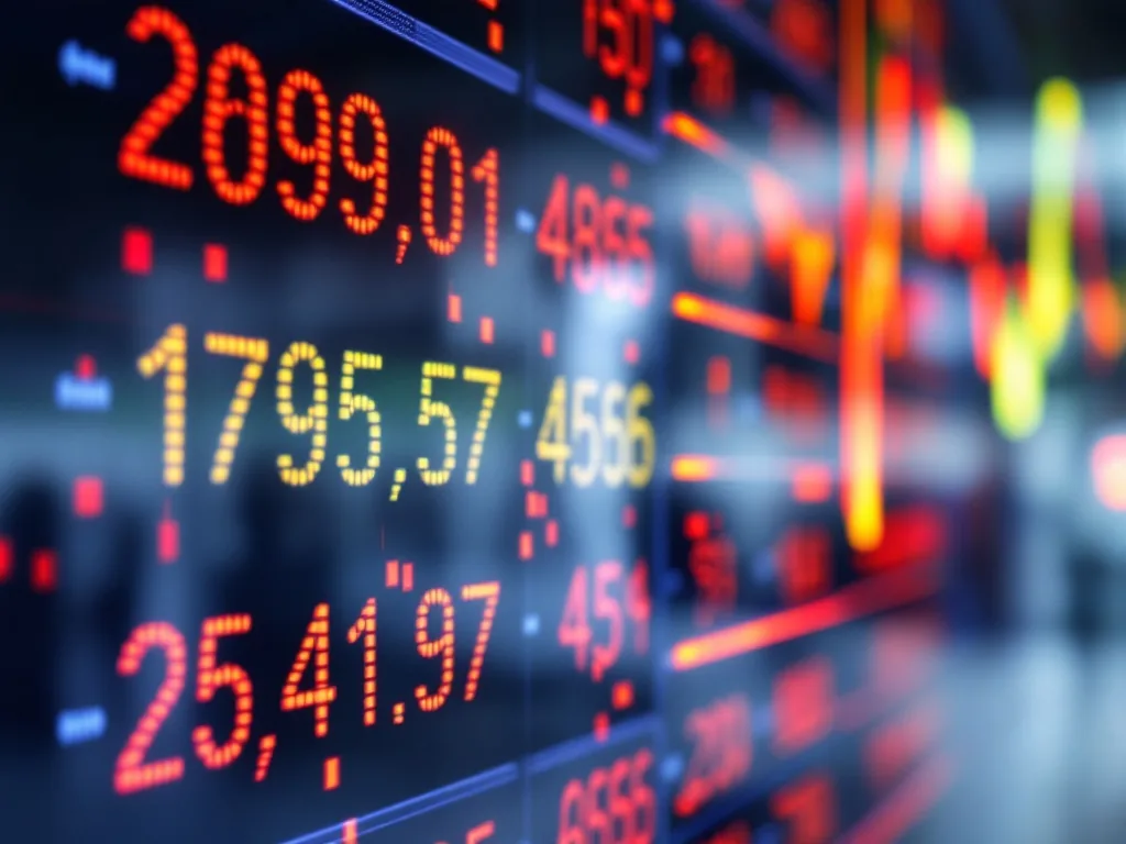 close view of Korean stock market numbers falling on exchange board, editorial finance photograph, no readable brand logos
