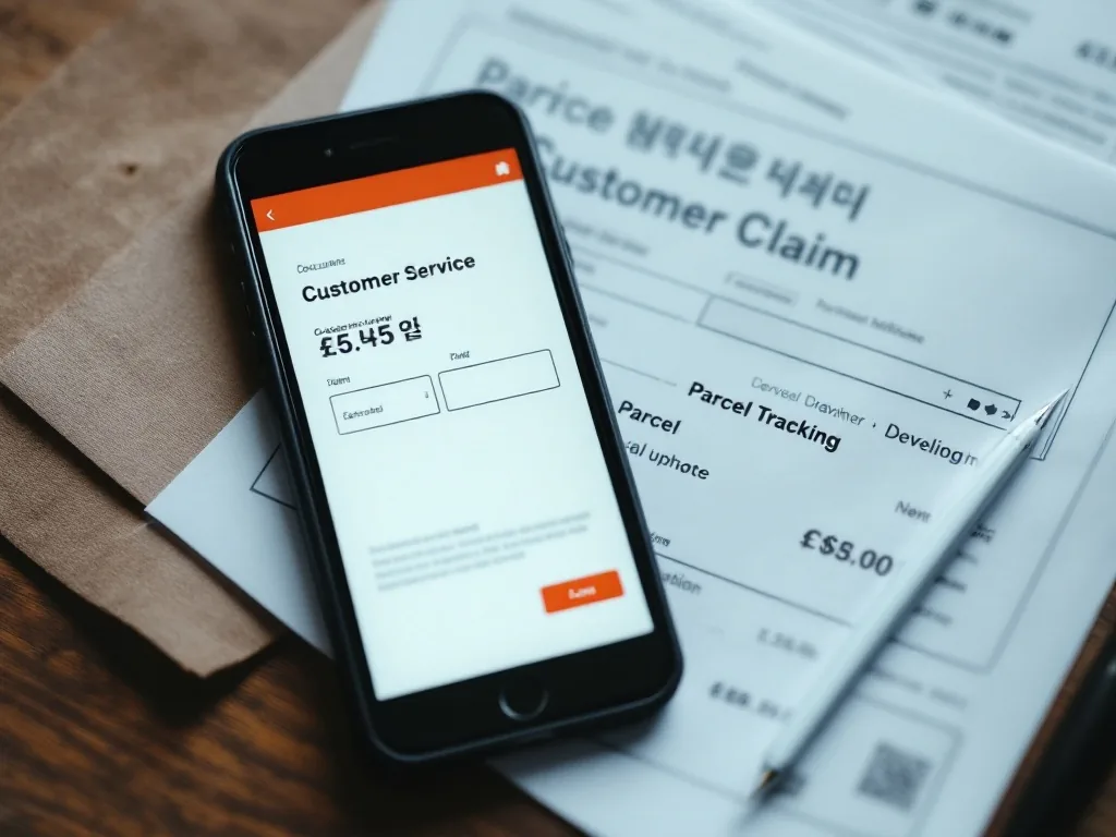 customer service claim screen with parcel tracking documents beside a smartphone, realistic Korean consumer news image, no logos