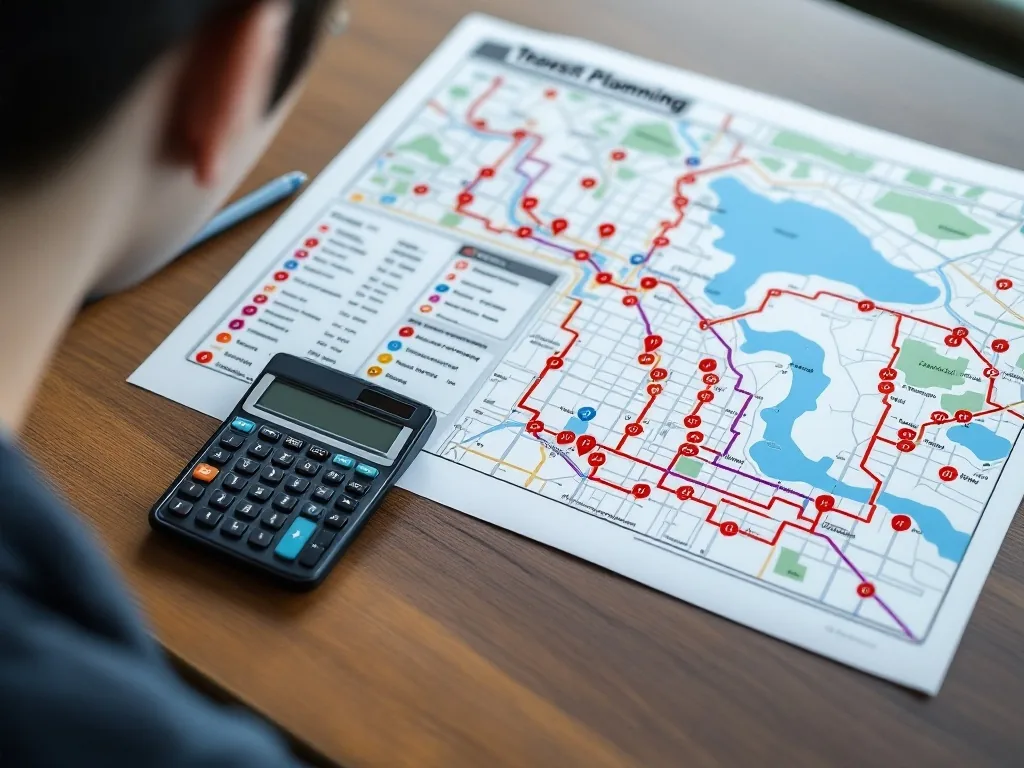 detailed transit planning desk with printed maps, calculator, and colored route markers, realistic Korean editorial image, no readable text
