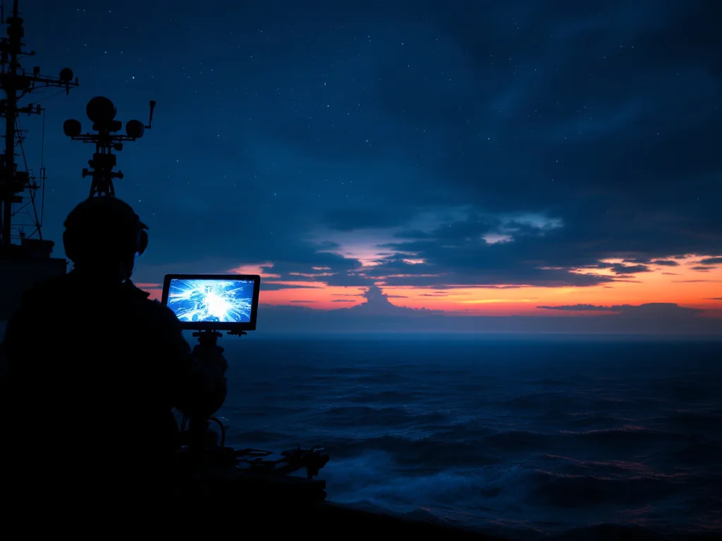 East Sea night surveillance scene with radar screens and coastline silhouette, restrained security news visual, no explosive scene, no readable labels