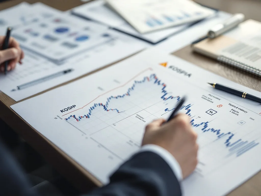 financial policy meeting documents beside abstract KOSPI chart and risk warning symbols, clean Korean newsroom editorial style, no readable text