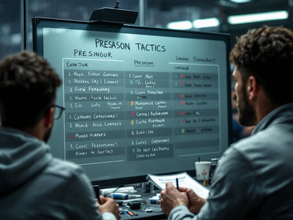 football tactics board with preseason lineup notes, coach bench atmosphere, neutral sports newsroom style, no club crest or readable text