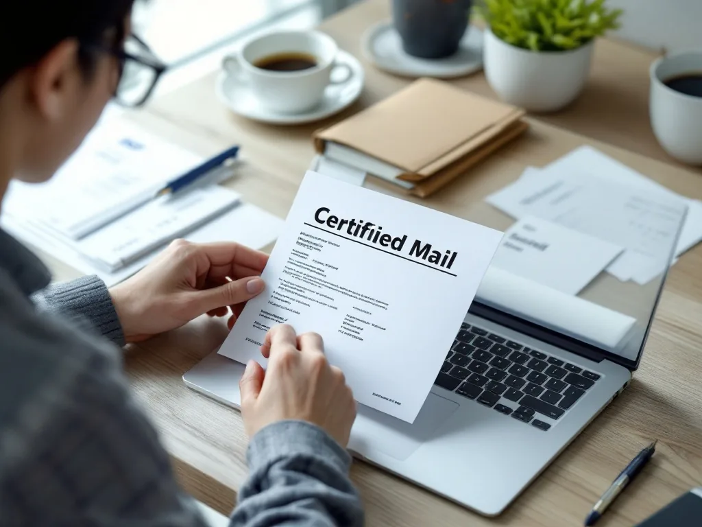 Korean adult preparing certified mail document on laptop beside envelope and post office receipt, realistic editorial photo no text