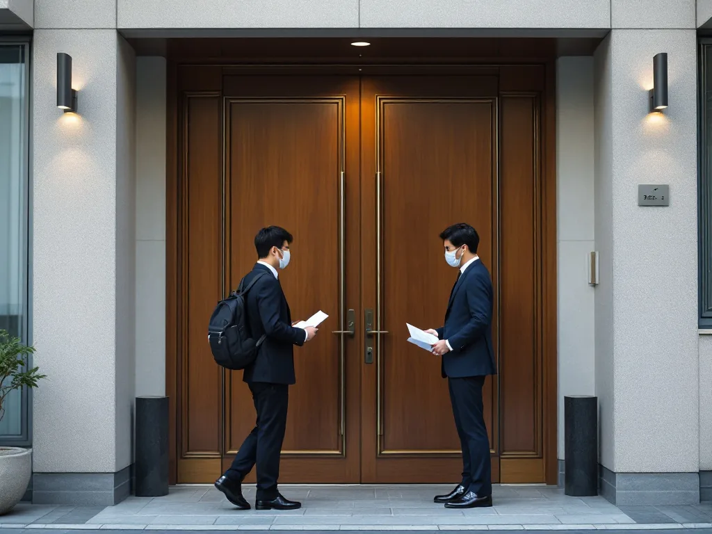 Korean apartment building entrance and address plate checked against paperwork