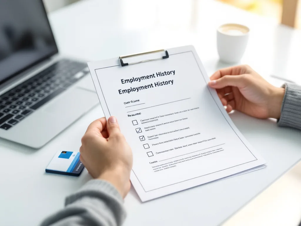 Korean applicant preparing employment history certificate, resume, laptop and ID card on bright desk | 고용보험 자격이력내역서 발급 전 이력서와 본인 인증 수단을 준비하는 장면