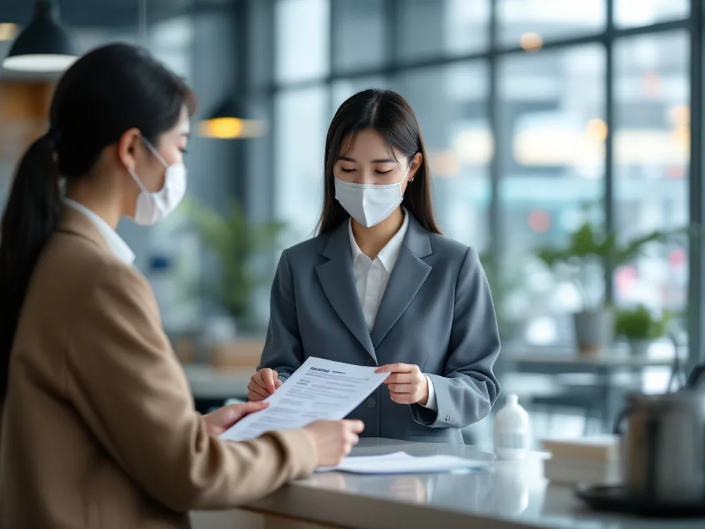 Korean bank customer service counter handling identity verification documents, privacy-safe