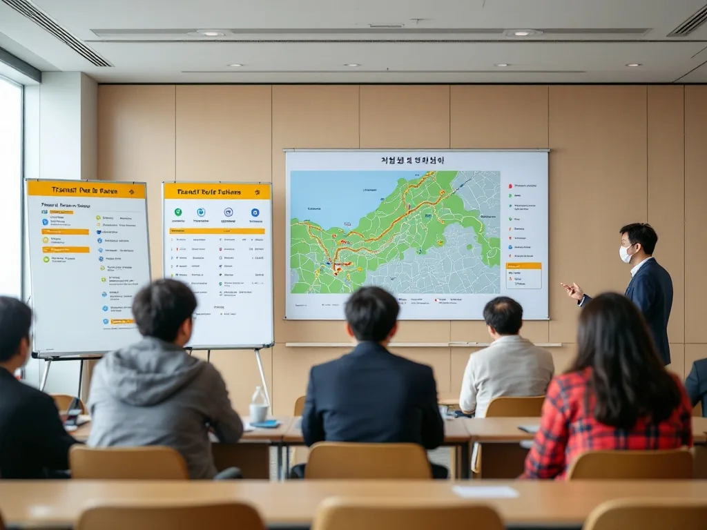Korean civic public hearing room with residents looking at transit route boards, realistic news photography style, no readable text