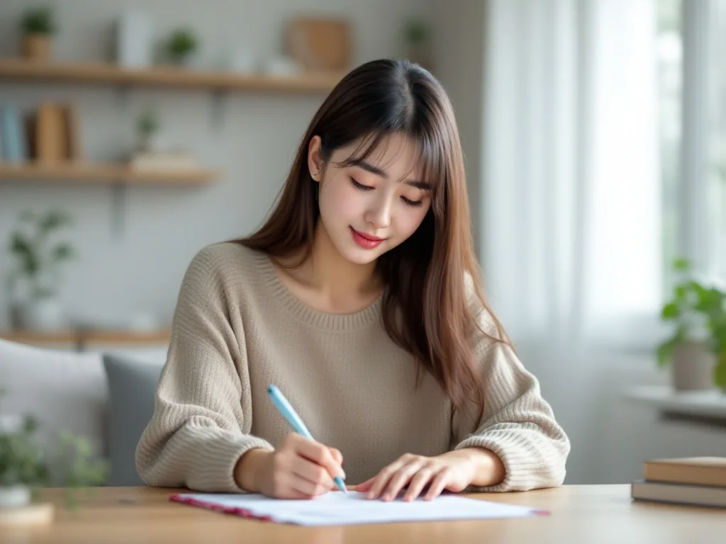 Korean consumer writing a complaint checklist for missing parcel compensation at home, realistic editorial photography, no readable text