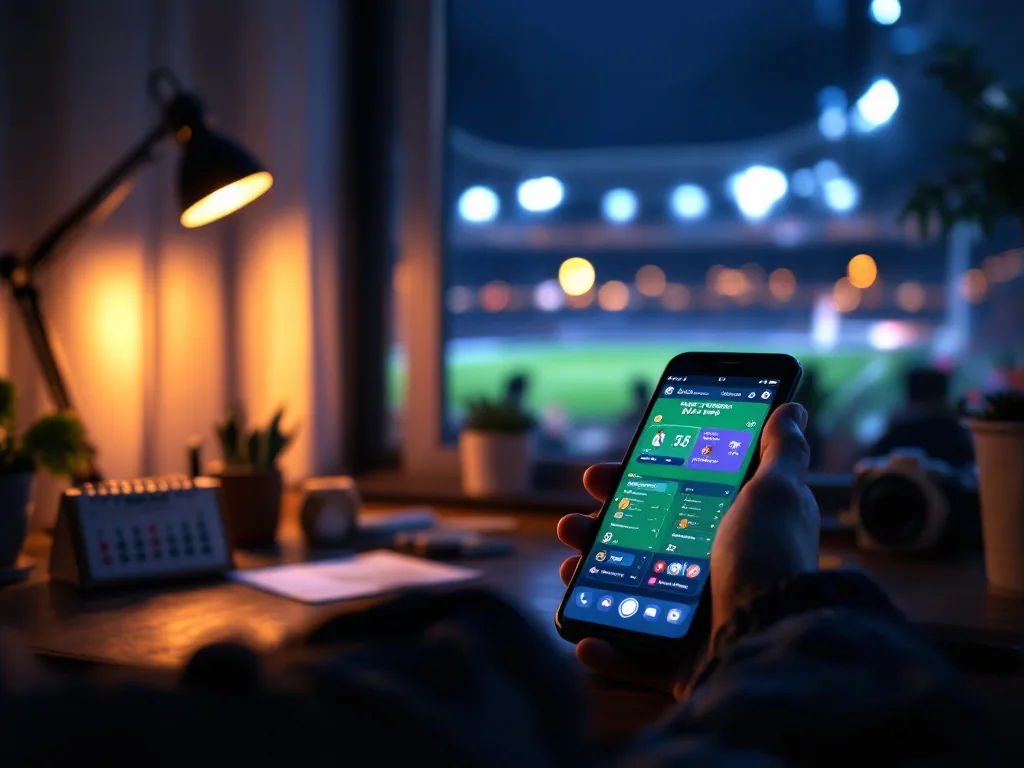 Korean football fan checking Real Madrid friendly score on phone at night, sports desk with calendar, realistic editorial photo, no readable app interface