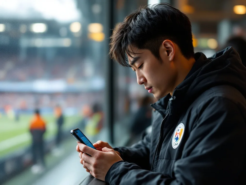 Korean football supporter checking Son Heung-Min LAFC lineup on smartphone before morning kickoff