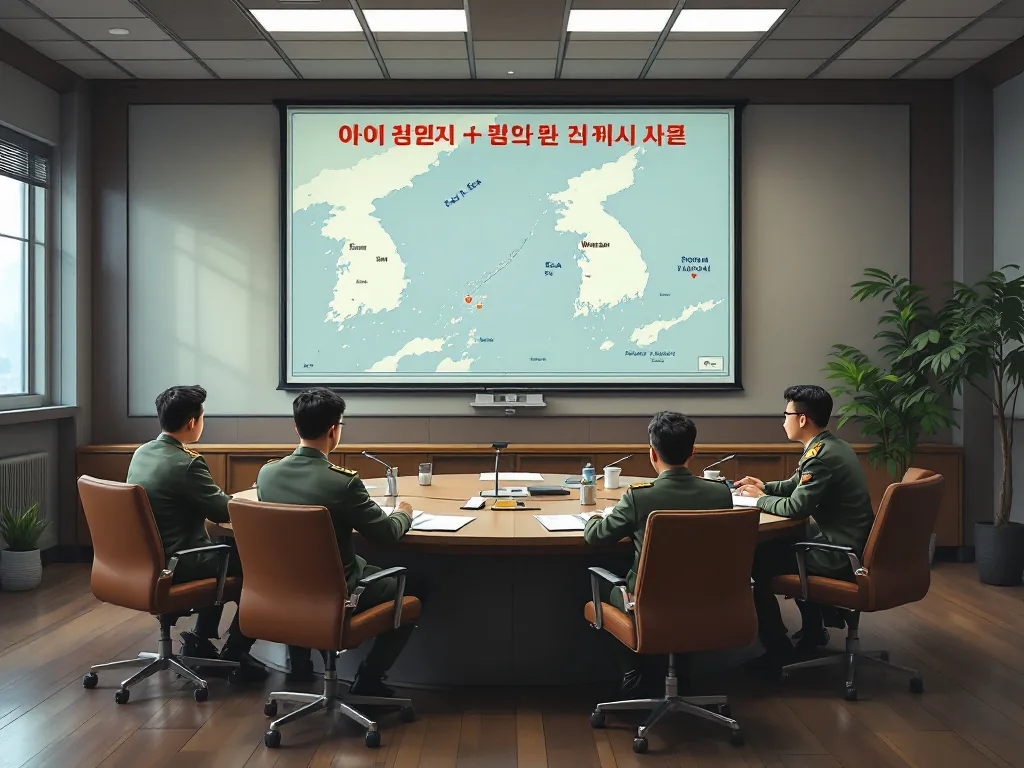 Korean military briefing room with East Sea map and Wonsan coastal marker, neutral editorial illustration, no readable text, no insignia