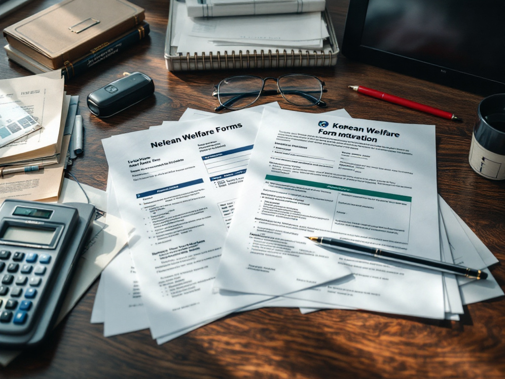 Korean newsroom desk with legal documents and public welfare forms