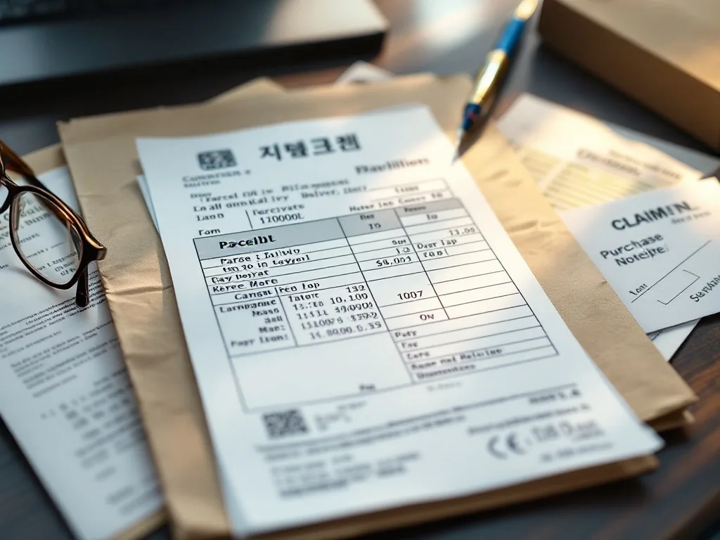 Korean parcel delivery waybill, purchase receipt and claim notes on a desk, realistic editorial photography, no readable text