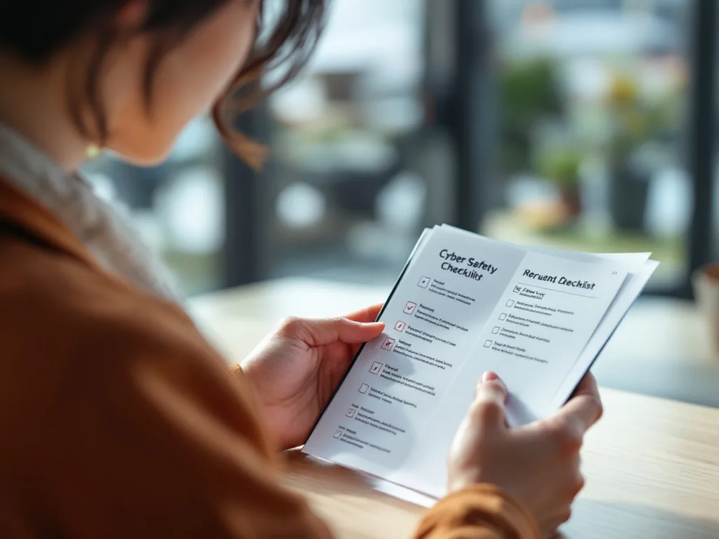 Korean person calling 118 support while reviewing cyber safety notes and smartphone security checklist, realistic public service editorial photo