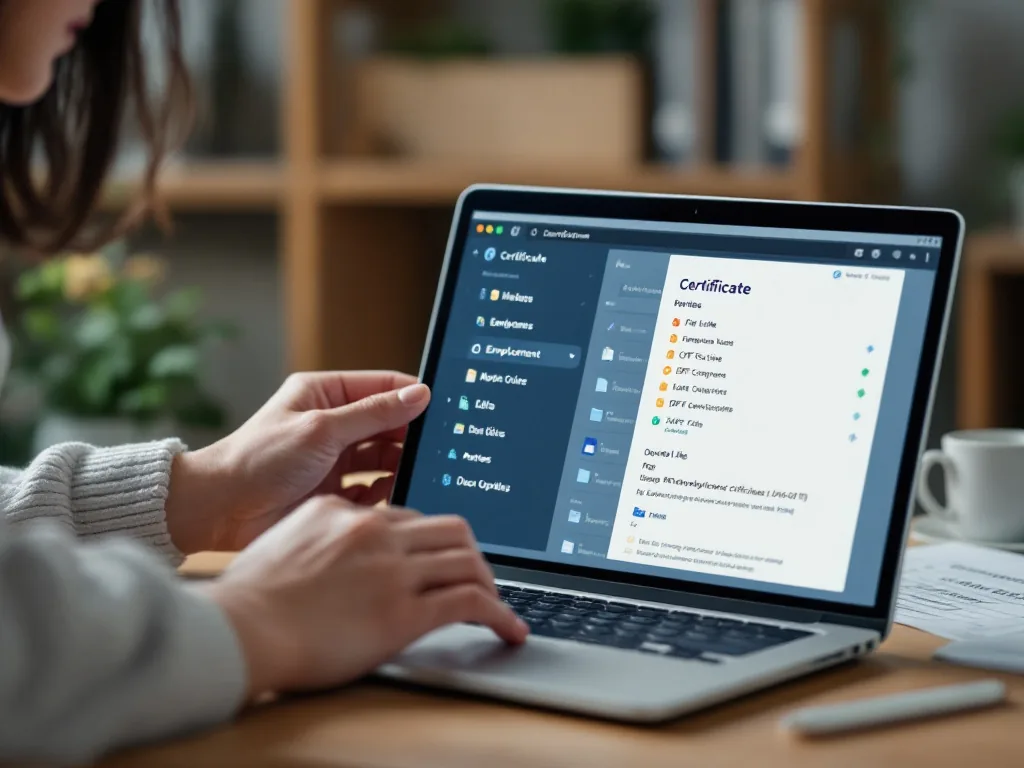 Korean person comparing employment certificate request email and downloaded PDF file names on laptop, organized document folder | 제출처가 요구한 고용보험 이력 서류명을 확인하는 장면