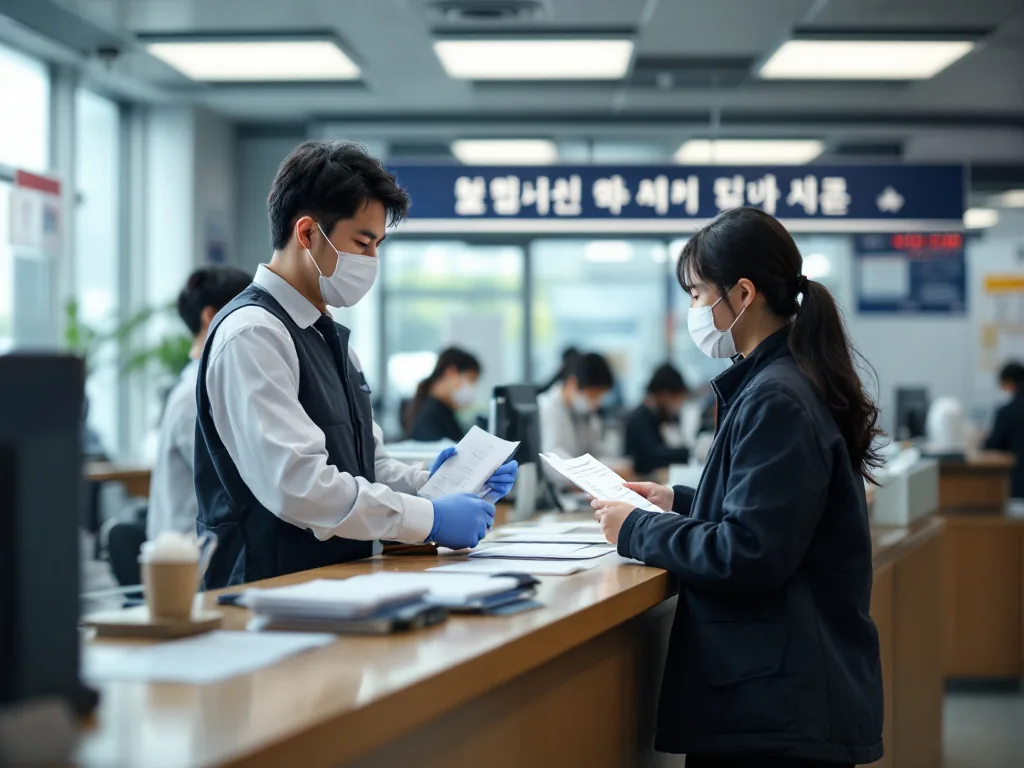 Korean public office civil service counter with numbered ticket and documents