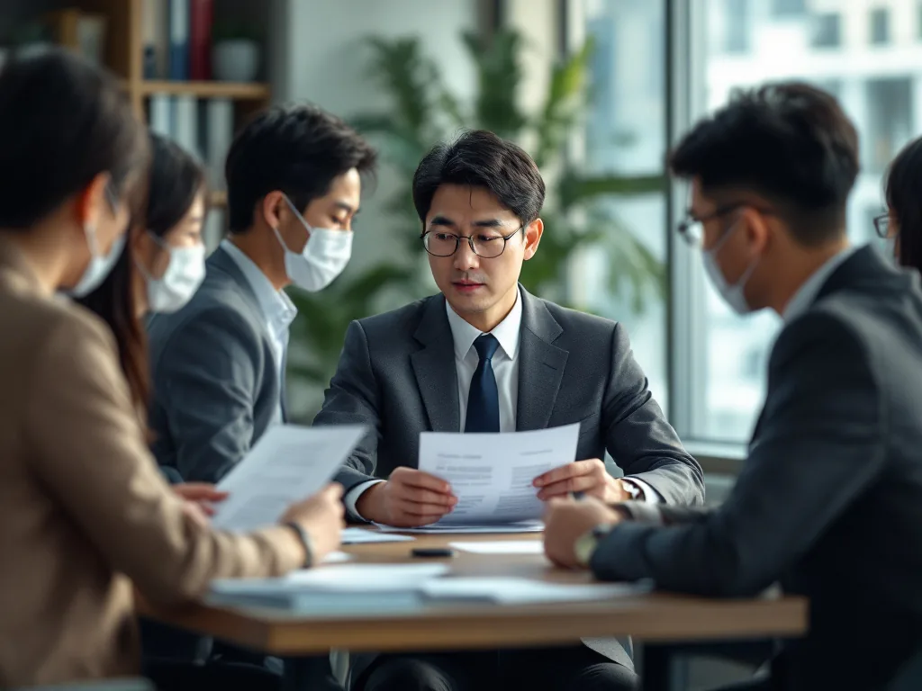 Korean public office review meeting with welfare documents