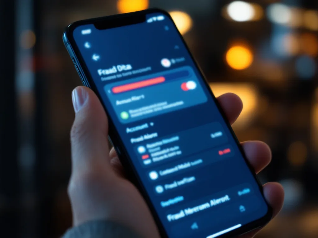 Korean smartphone banking app showing blurred account list and fraud alert, no readable personal data