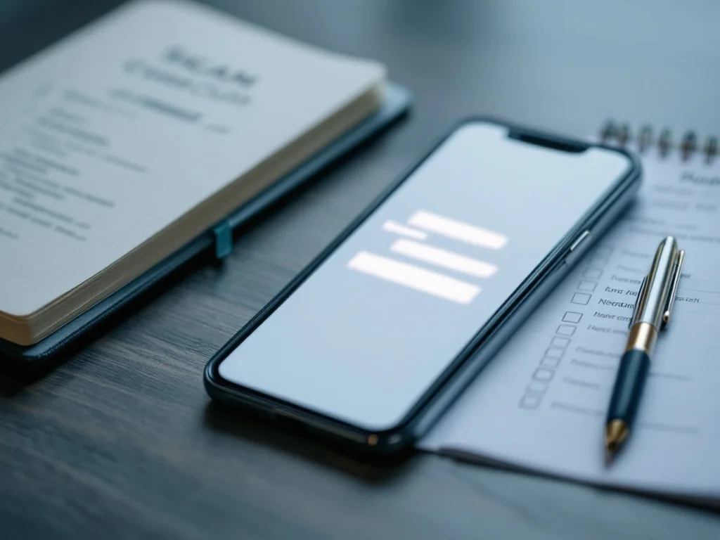 Korean smartphone showing blurred scam text message beside notebook checklist for cybercrime report, realistic editorial photo, no readable phone number