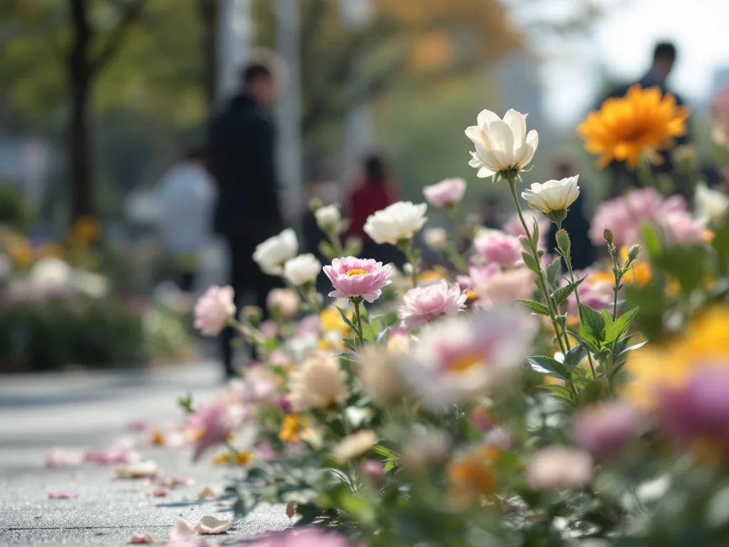 Korean street safety memorial flowers blurred in respectful daylight