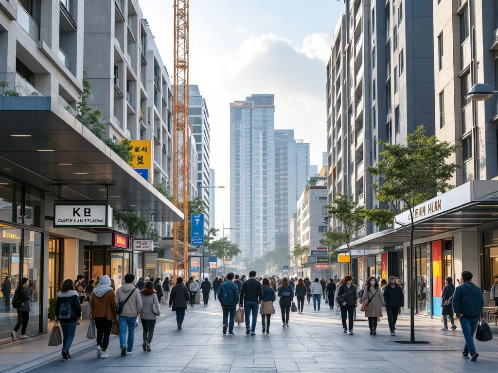 Korean suburban station area with residents walking near construction planning signs and apartment buildings, realistic daytime news image, no logos