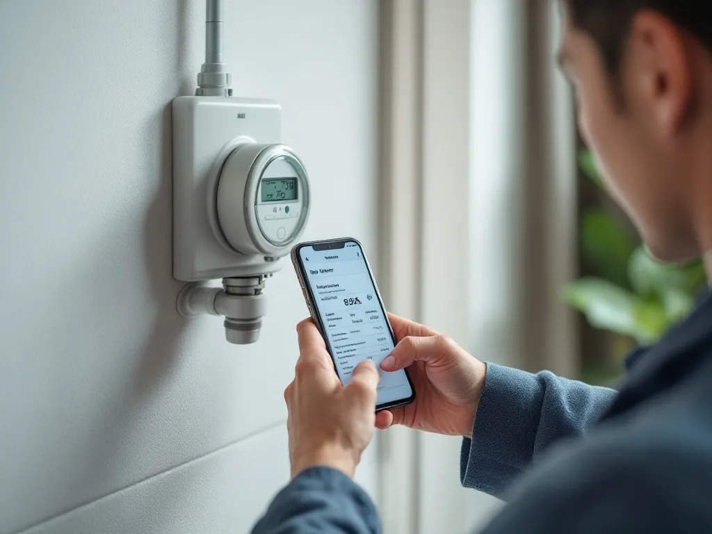Korean tenant checking water meter reading on moving day with phone camera and utility bill | 이사 당일 수도계량기 지침을 확인하는 장면