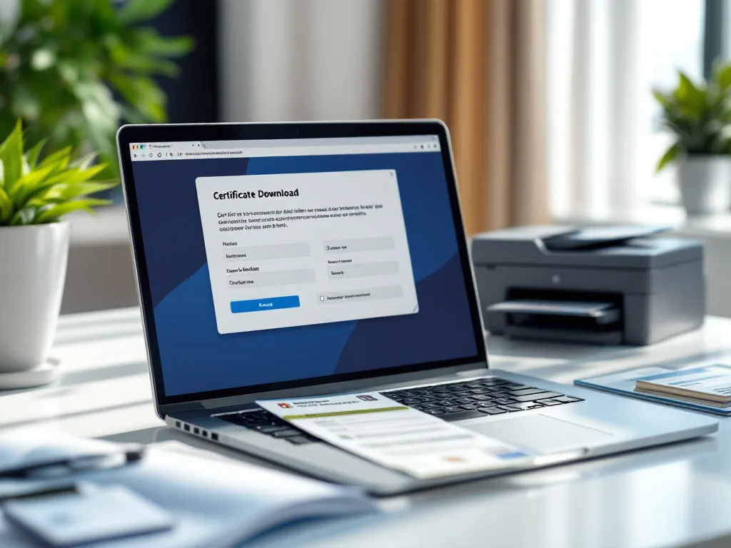 laptop screen with generic certificate download page, student admission ticket, ID card and printer on bright desk, no real logos | 수능 성적증명서 PC 발급 준비 이미지