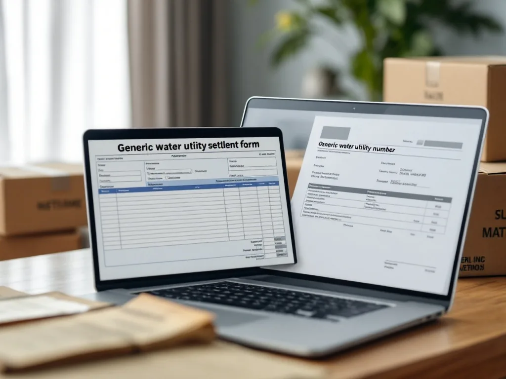 laptop with generic water utility settlement form, moving boxes, old water bill customer number memo | 아리수 사이버고객센터 이사정산 입력 항목을 준비하는 장면