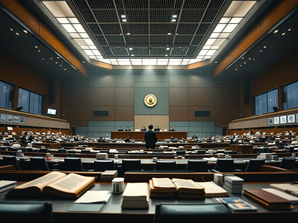 local council chamber with archived municipal records and subdued lighting, Korean regional politics editorial scene, no readable personal documents