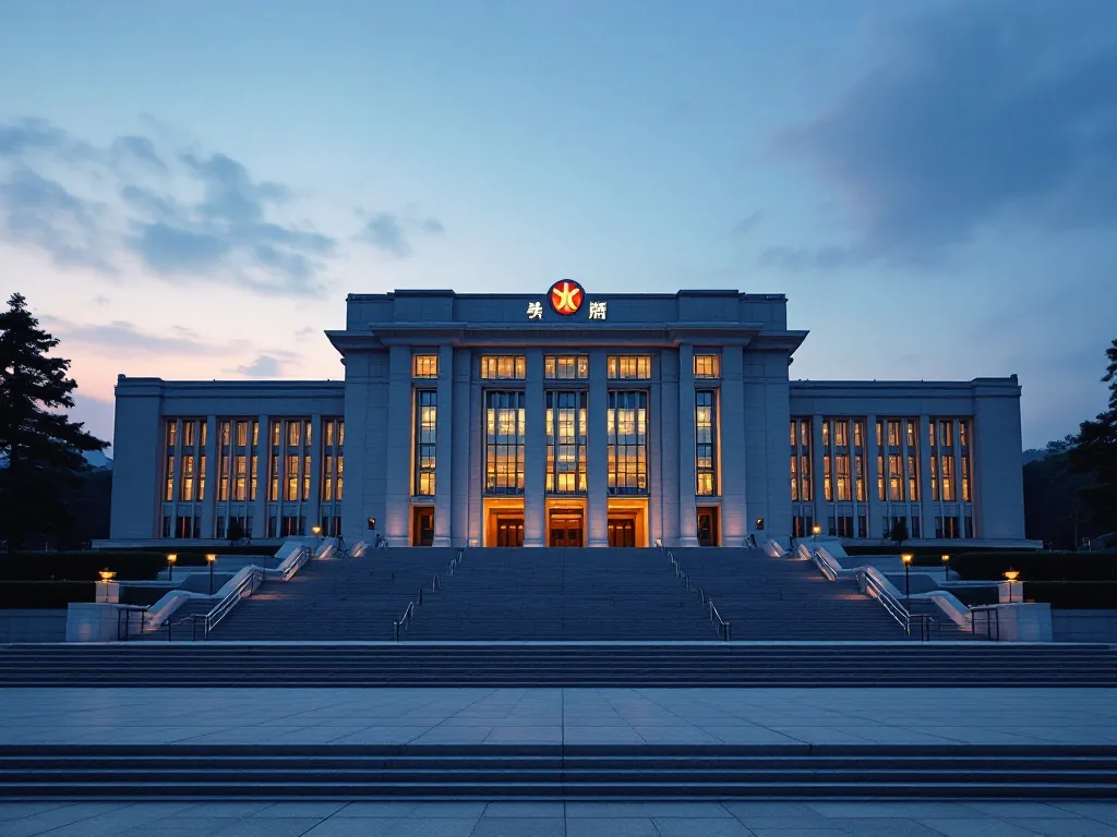 National Assembly exterior at dusk blended with courthouse steps, serious Korean political news editorial scene, no slogans, no logos