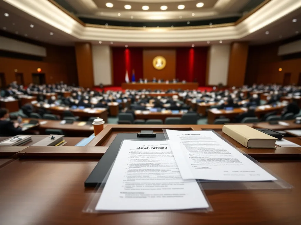 National Assembly plenary hall viewed from press area, legal reform documents on desk, Korean editorial news photograph, no readable names