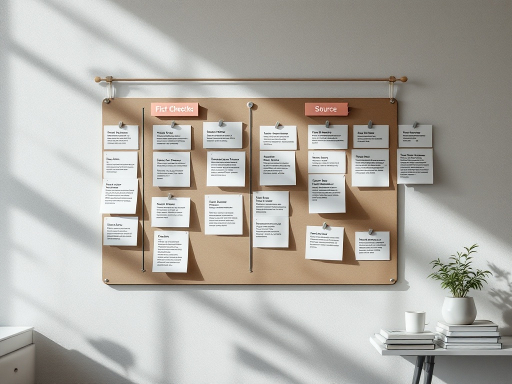 newsroom fact checking board with timeline cards and source labels