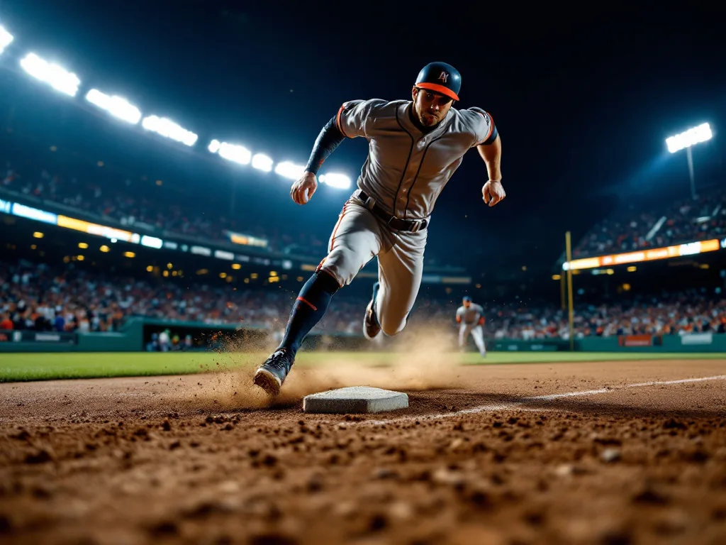 night baseball stadium close play at first base, runner sprinting, infield dirt and bright floodlights, editorial sports photo, no readable logos