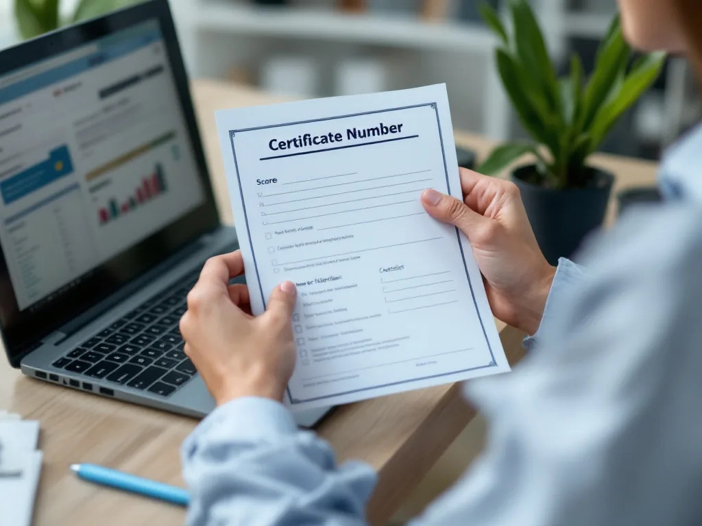 office worker verifying certificate number on laptop with printed score certificate and checklist, clean editorial photo, no real logos | 수능 성적증명서 문서확인번호 검증 이미지