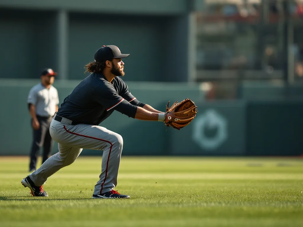 professional baseball player doing cautious catch play during injury return, bullpen grass area, trainer watching from distance, realistic editorial photo, no readable text
