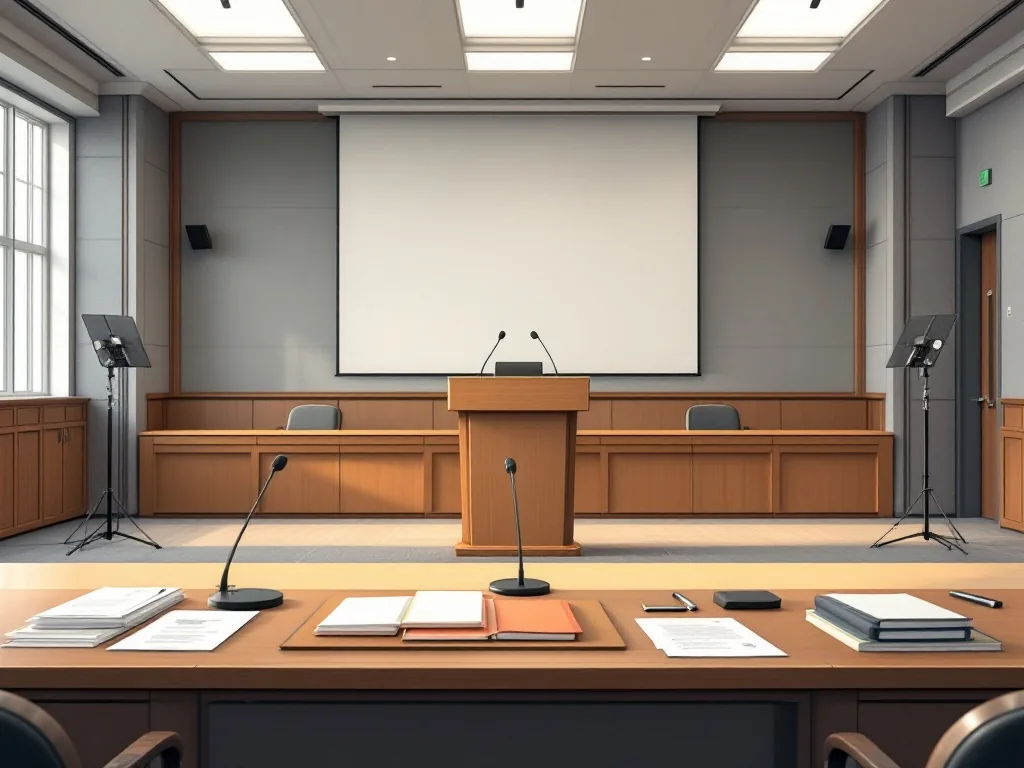 prosecutor briefing room with empty podium, documents and microphones, neutral Korean newsroom illustration style, no real logos, no readable text